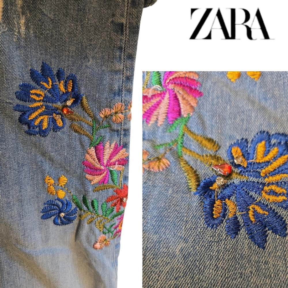 ZARA Premium Distressed Denim Multicolor Floral Embroidery and Gem Jeans Size 2 - Picture 3 of 6